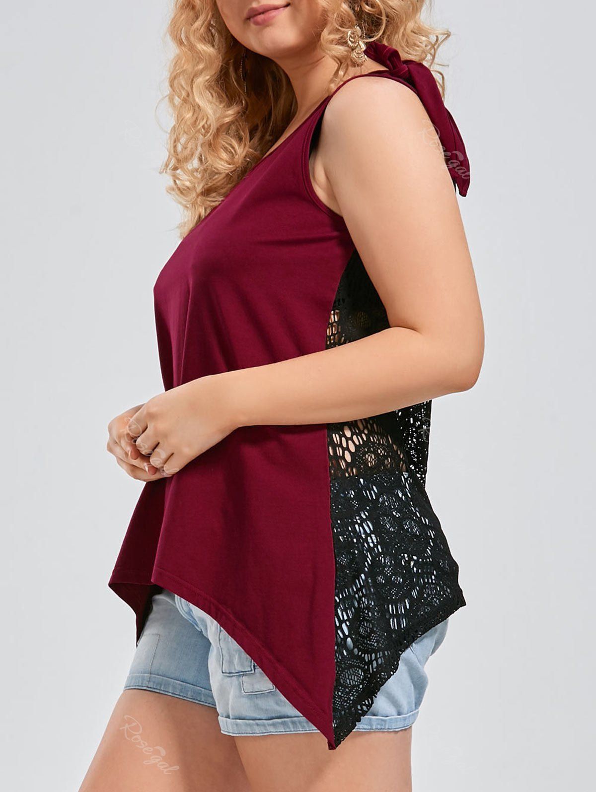 

Plus Size Asymmetric Sleeveless Back Lace Crochet Top, Wine red