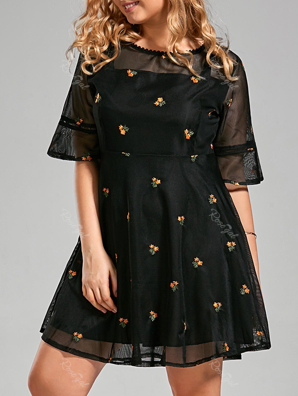 

Floral Embroidered Organza Plus Size Flare Dress, Black
