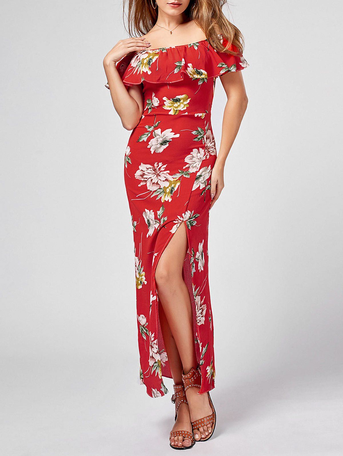 

Off The Shoulder Floral Slit Maxi Dress, Red