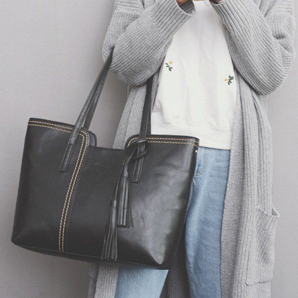 Sac à Épaules avec Coutures Contrastantes et Pompon en Simili Cuir  