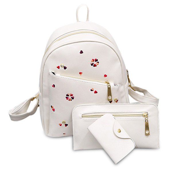 

PU Leather Heart Embroidered Backpack Set, White