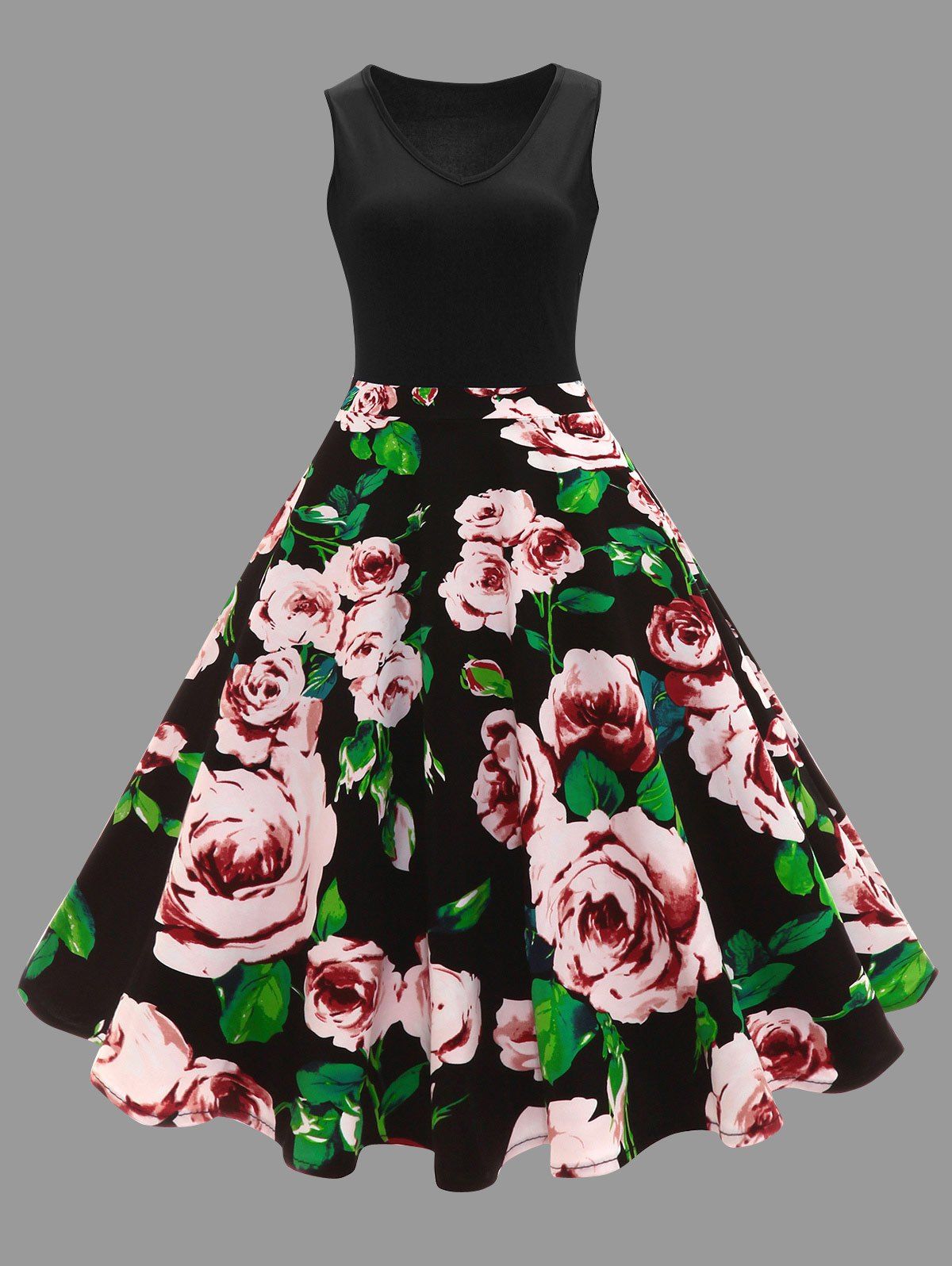 

Plus Size Floral Printed Vintage Midi Flare Dress, Black