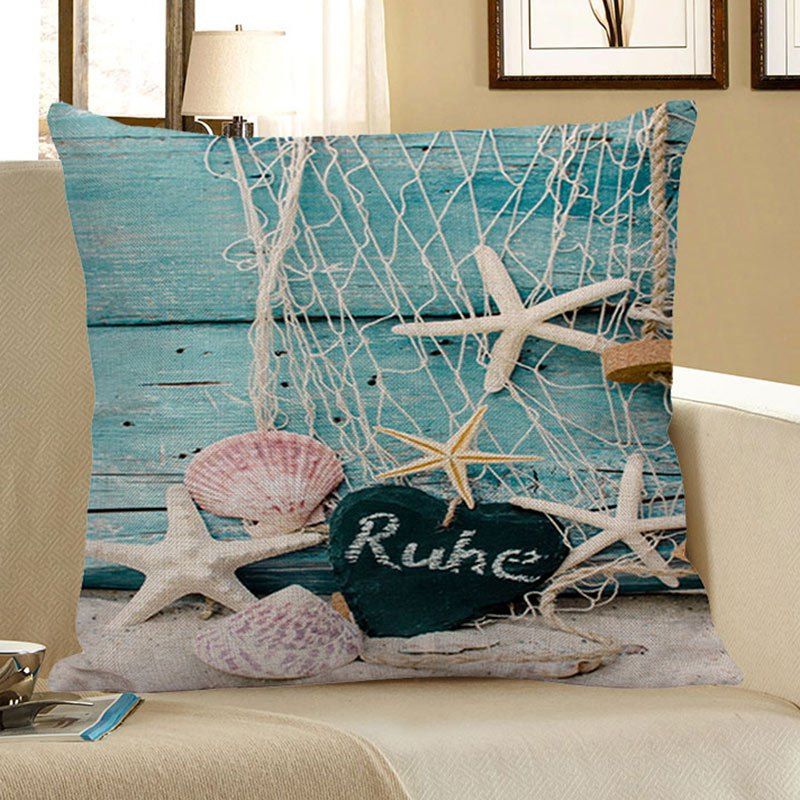 

Fishing Net Wood Grain Starfish Heart Print Pillow Case, Light blue