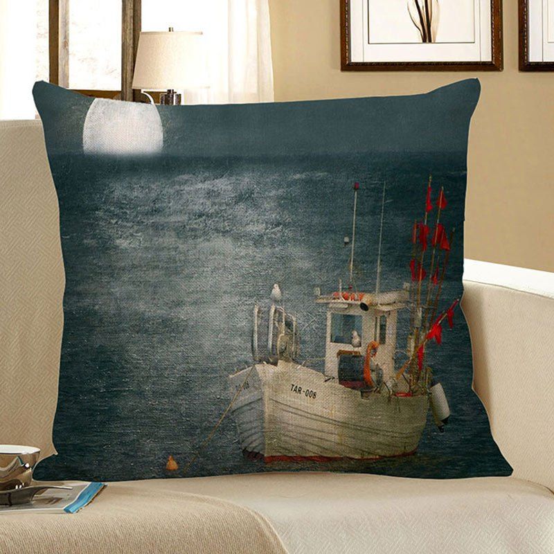

Moon Sailboat Sea Print Decorative Pillow Case, Blue gray