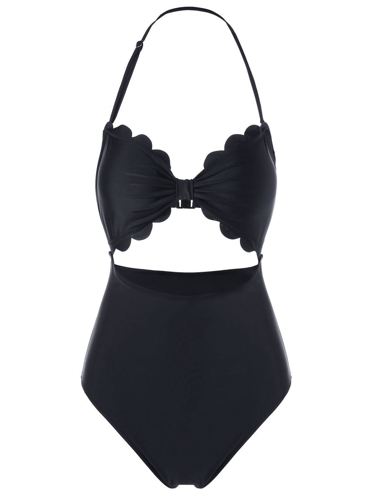 

Halter Scalloped Cut Out One Piece Swimsuit, Black