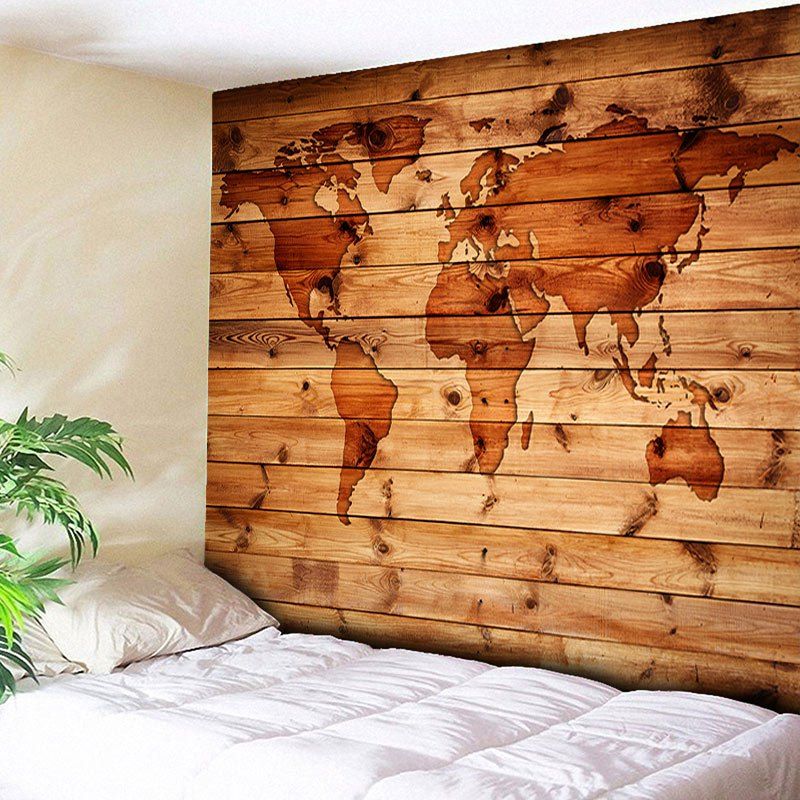 

World Map Print Wall Hanging Wood Grain Tapestry, Rosewood
