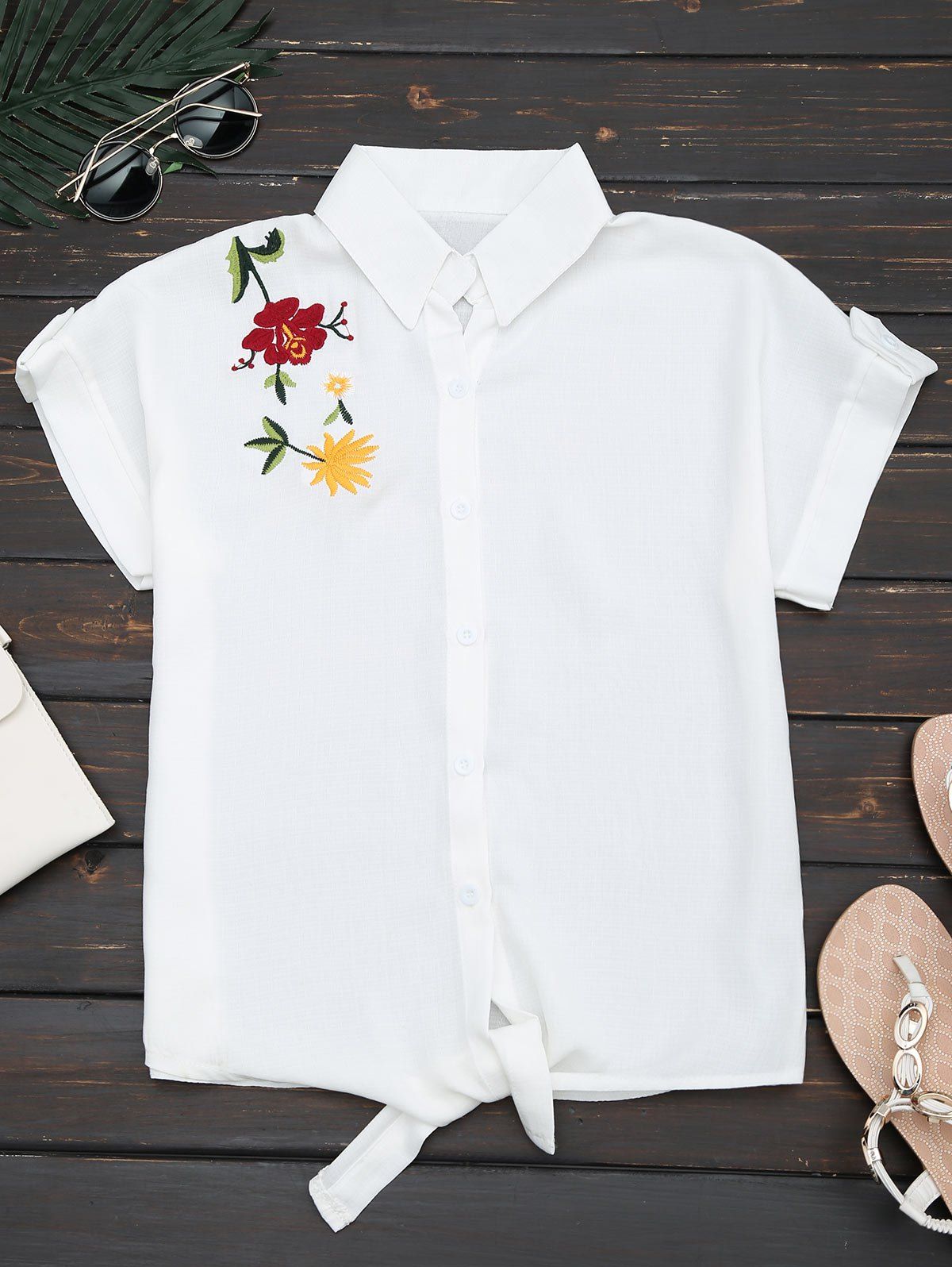 

Flower Embroidered Button Up Shirt, White