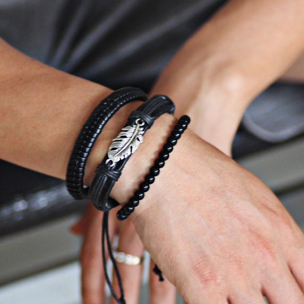 

Faux Leather Rope Beaded Feather Bracelet Set, Black