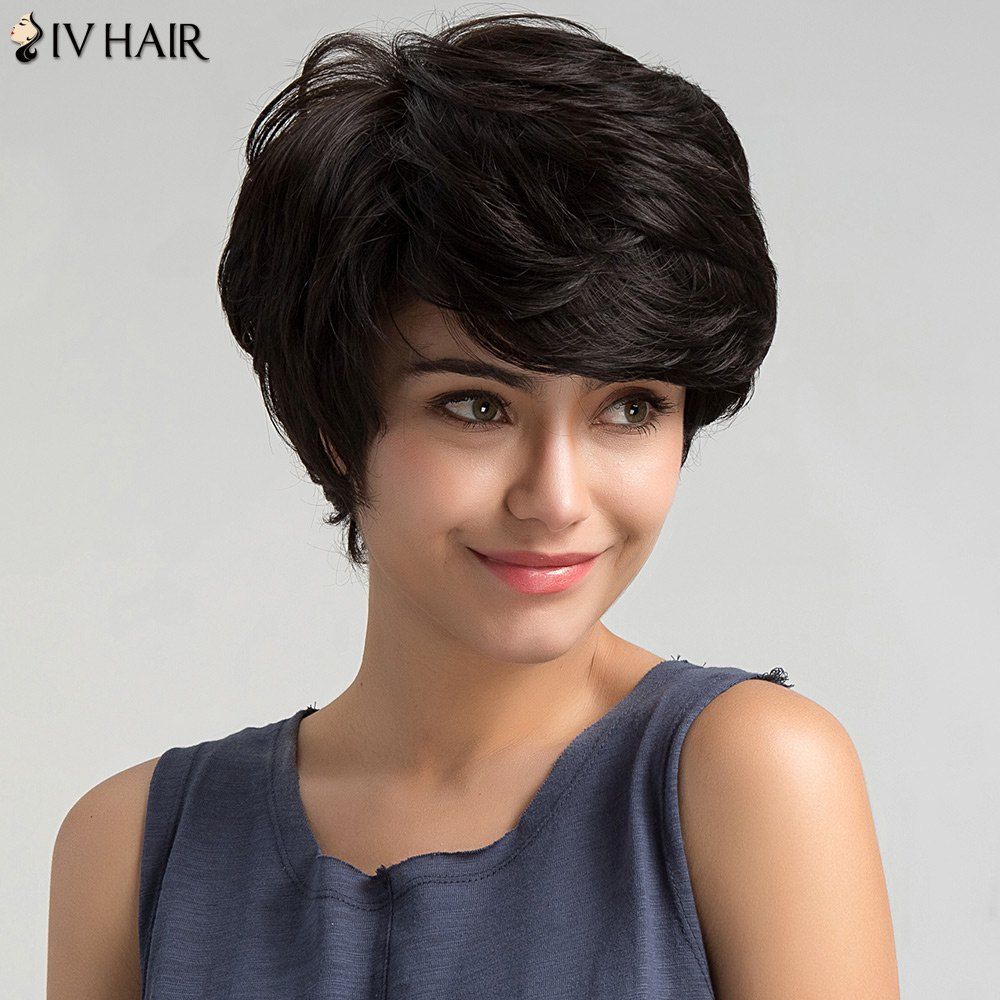 

Short Inclined Bang Layered Straight Human Hair Wig, Jet black #01