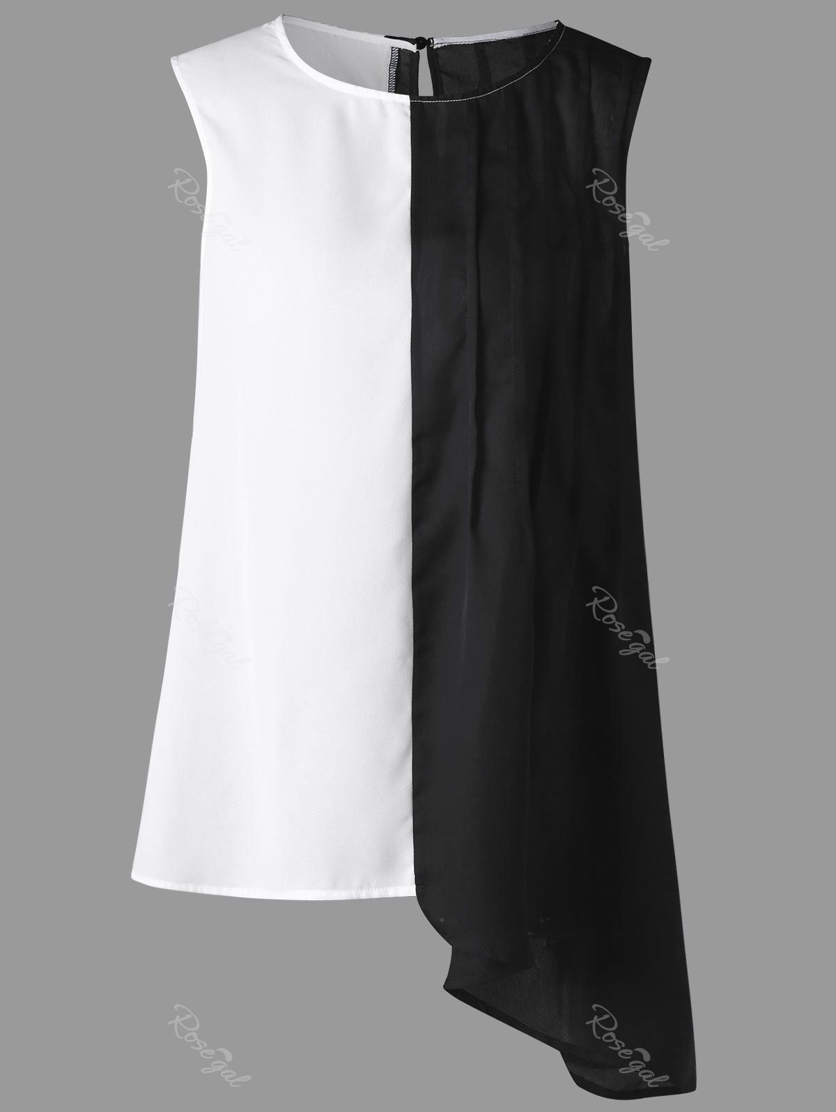 

Plus Size Sleeveless Two Tone Asymmetrical Blouse, White and black