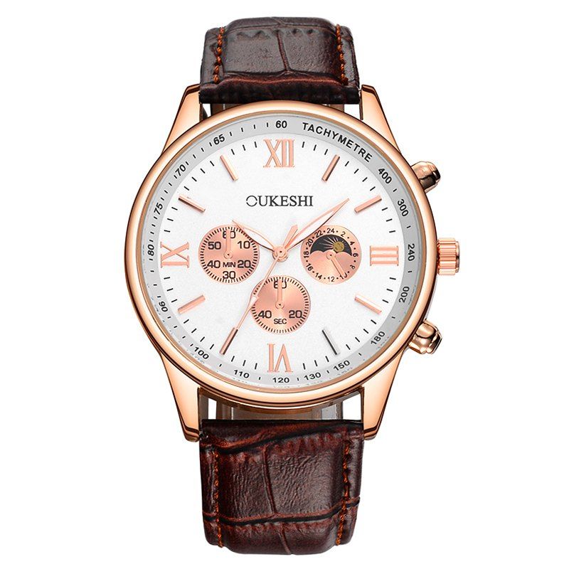 

OUKESHI Faux Leather Strap Tachymeter Quartz Watch, Brown