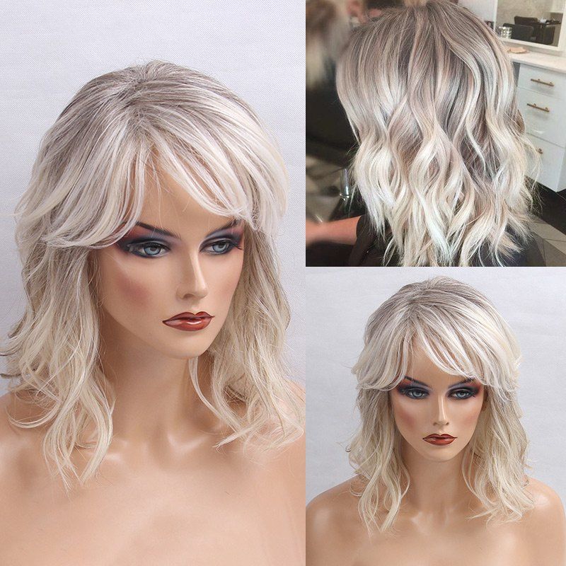 

Medium Inclined Bang Colormix Shaggy Natural Wavy Human Hair Wig