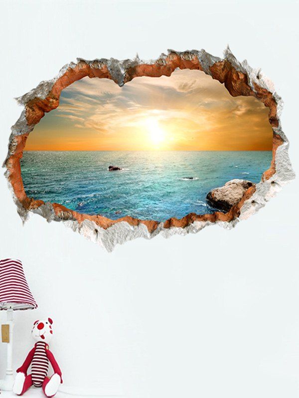 

3D Broken Bricks Seaside Sunset Vinyl Wall Sticker, Colorful