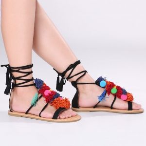 Exotic Flat Strappy Sandals with Tassels Lace Up