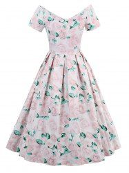 Rose Print Robe vintage à manches courtes -  