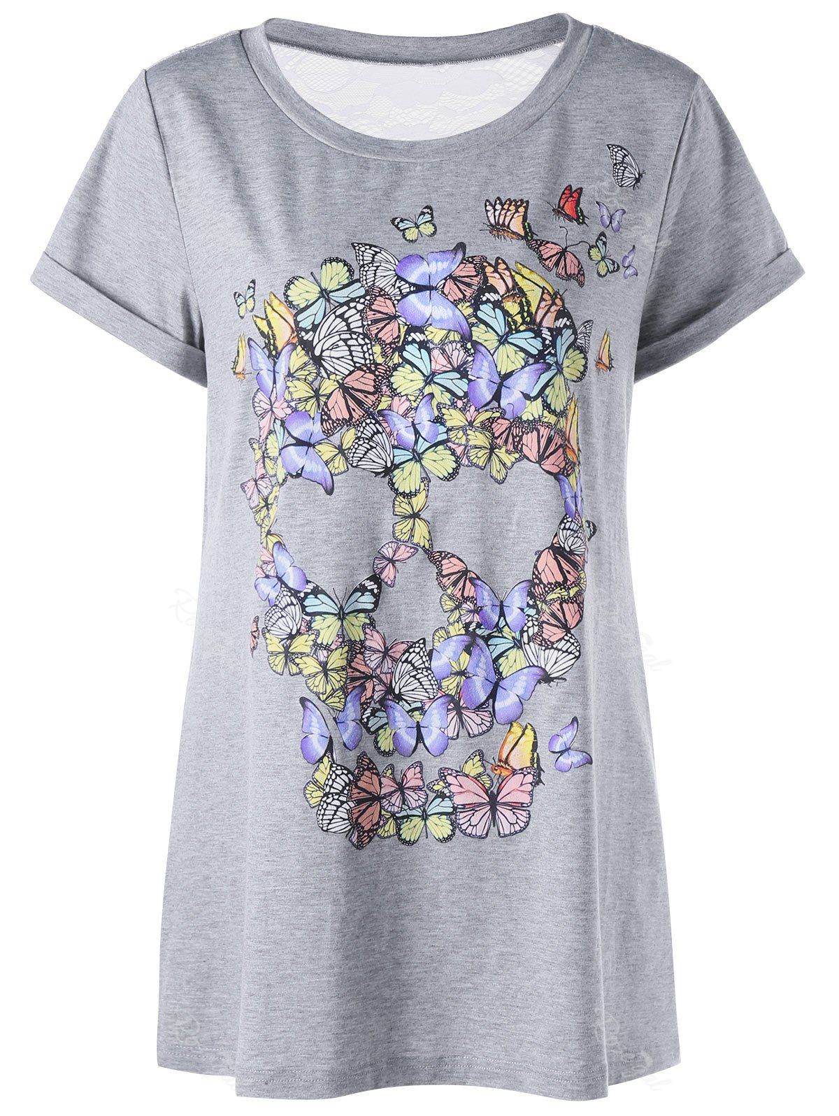 

Plus Size Lace Trim Butterfly Skull T-shirt, Light gray