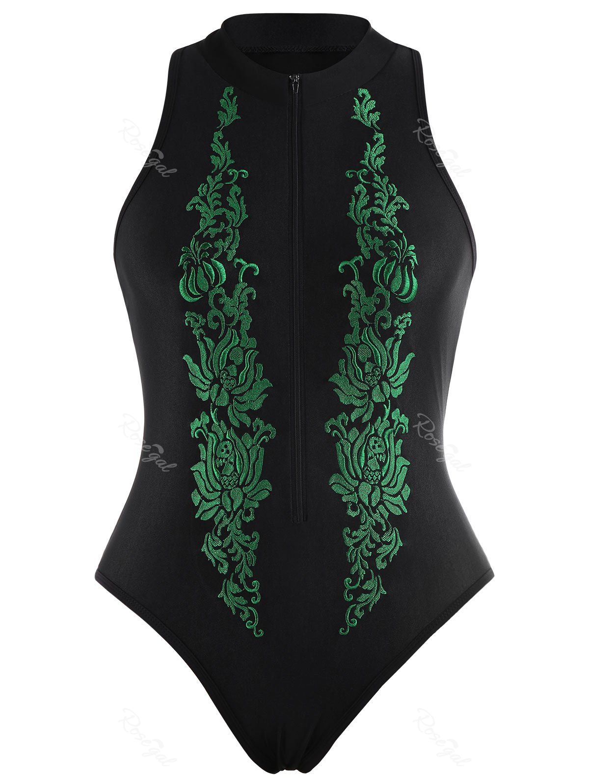 

Embroidered High Neck Plus Size Swimsuit, Black