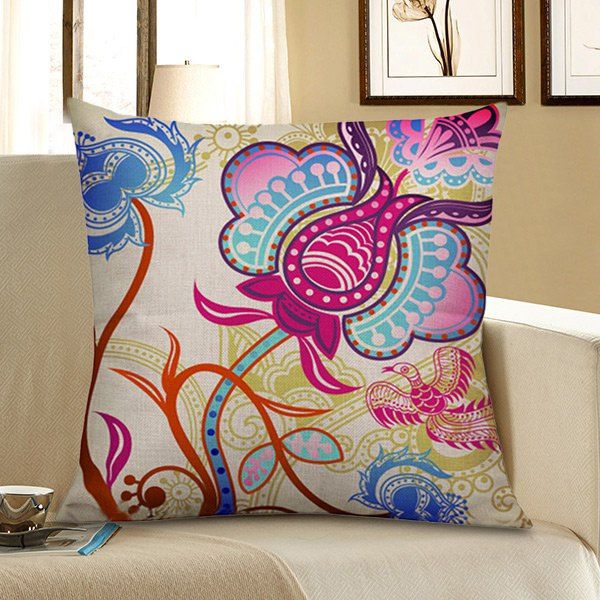 

Floral Bird Print Home Decor Pillow Case, Colorful