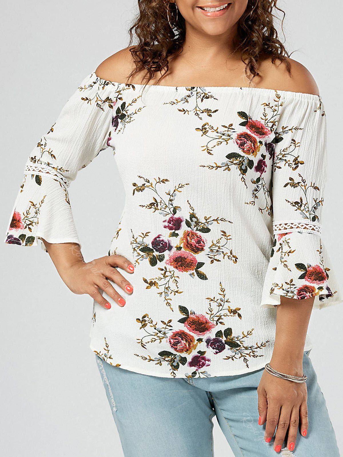 

Plus Size Flower Off The Shoulder Chiffon Top, Beige + beige