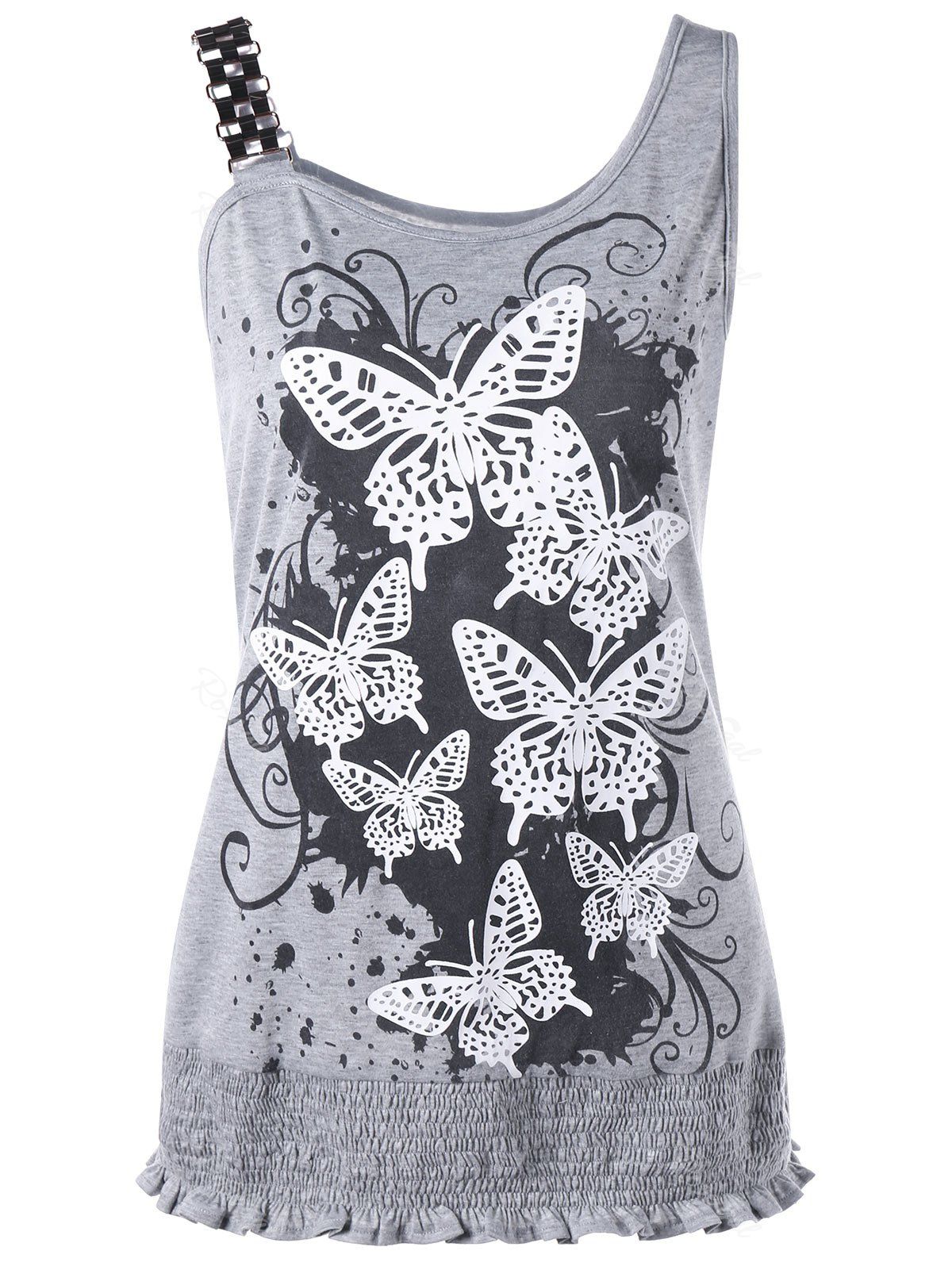 

Butterfly Print Smocked Plus Size Tank Top, Gray