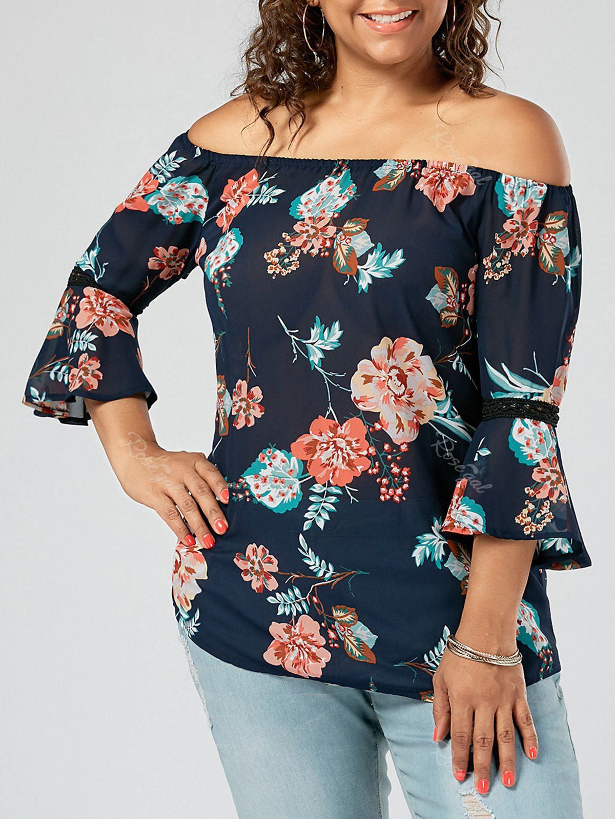 

Chiffon Floral Off The Shoulde Plus Size Blouse, Purplish blue