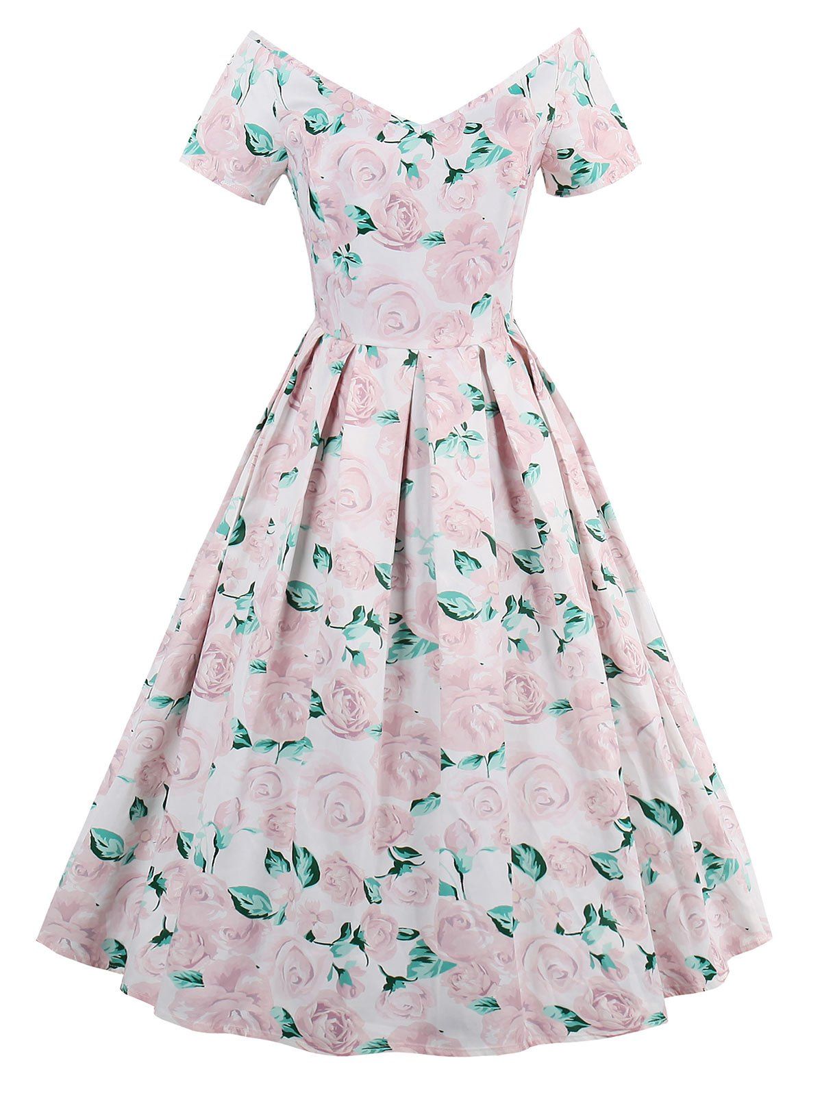 Rose Print Robe vintage à manches courtes  