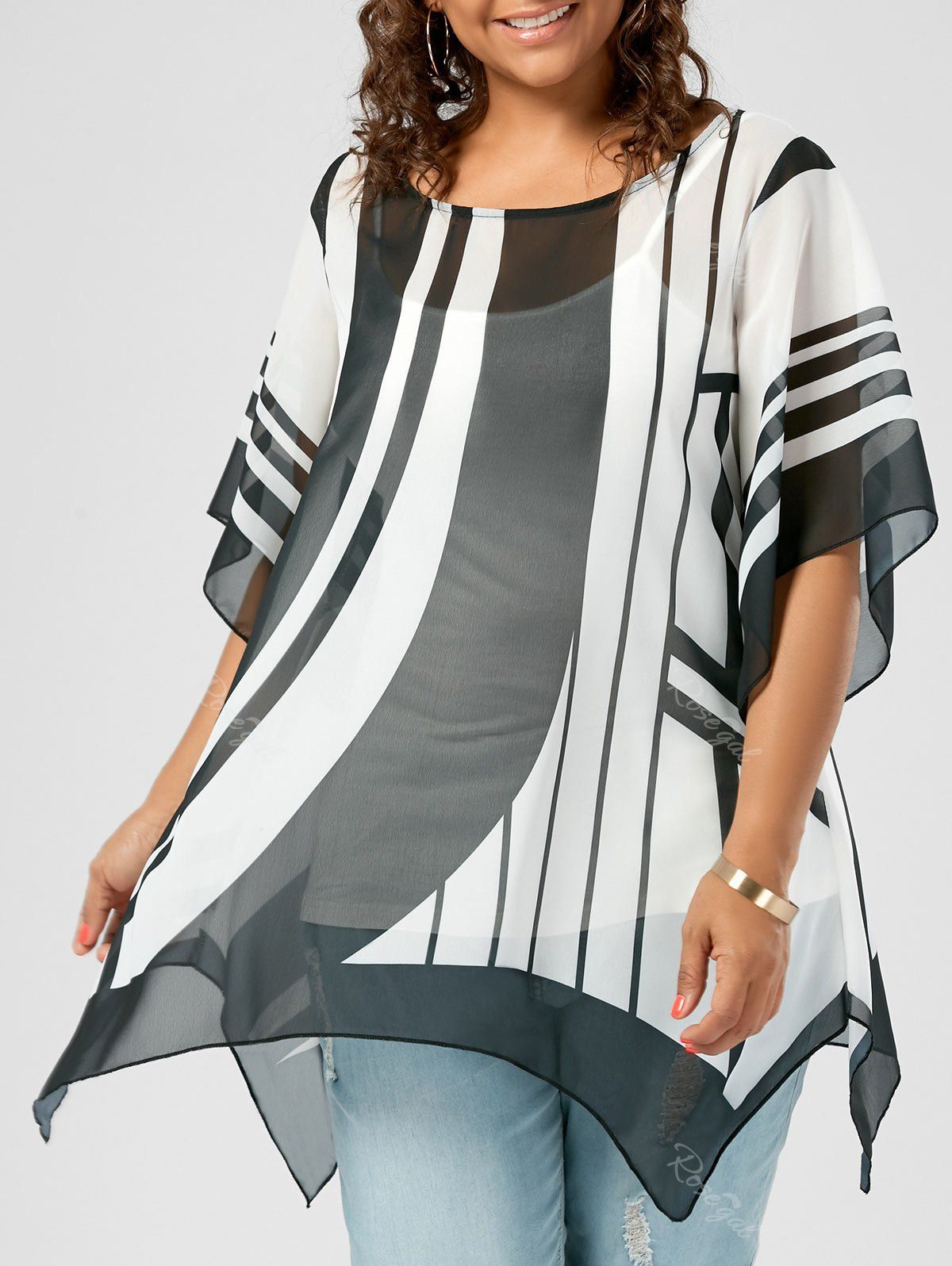 

Plus Size Chiffon Striped Top, Black