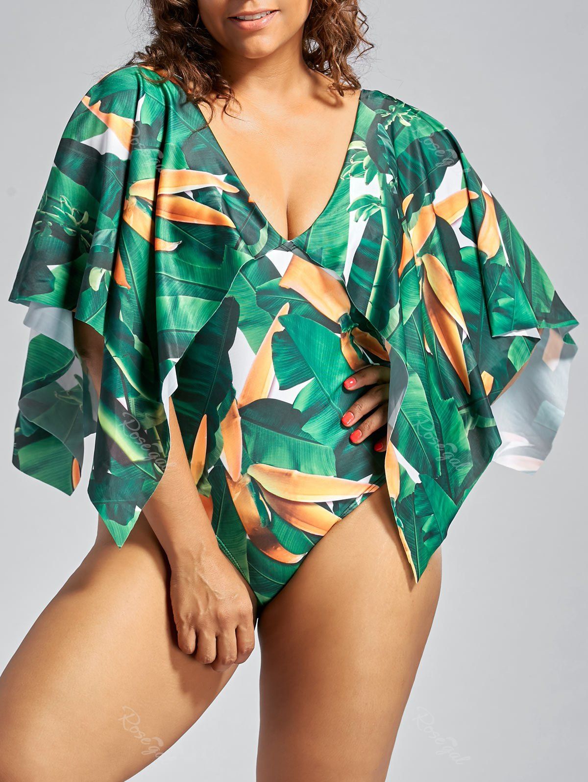 

Batwing Sleeve Palm Leaf Cape Swimwear, Green
