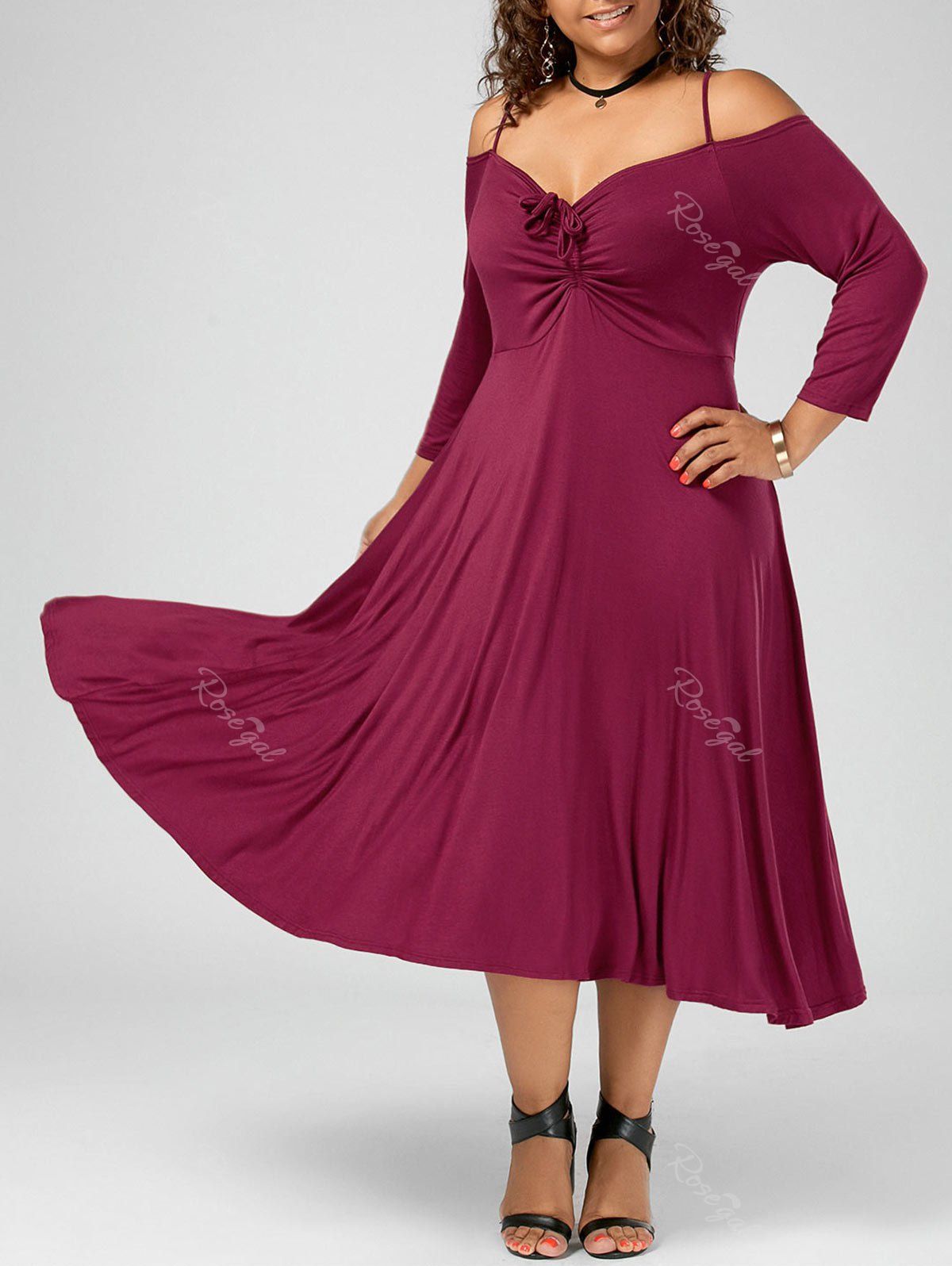 

Plus Size Spaghetti Strap Cold Shoulder Party Dress, Wine red