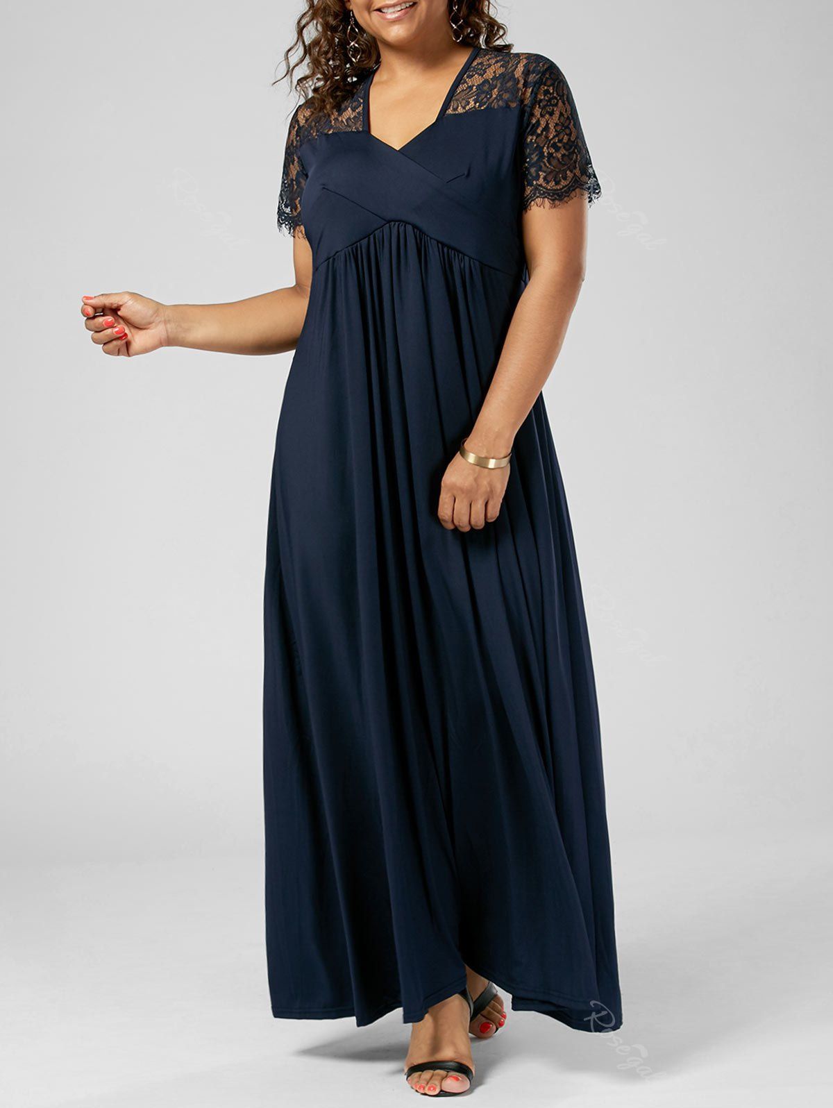 

Plus Size Lace Insert Maxi Formal Dress with Sleeves, Purplish blue