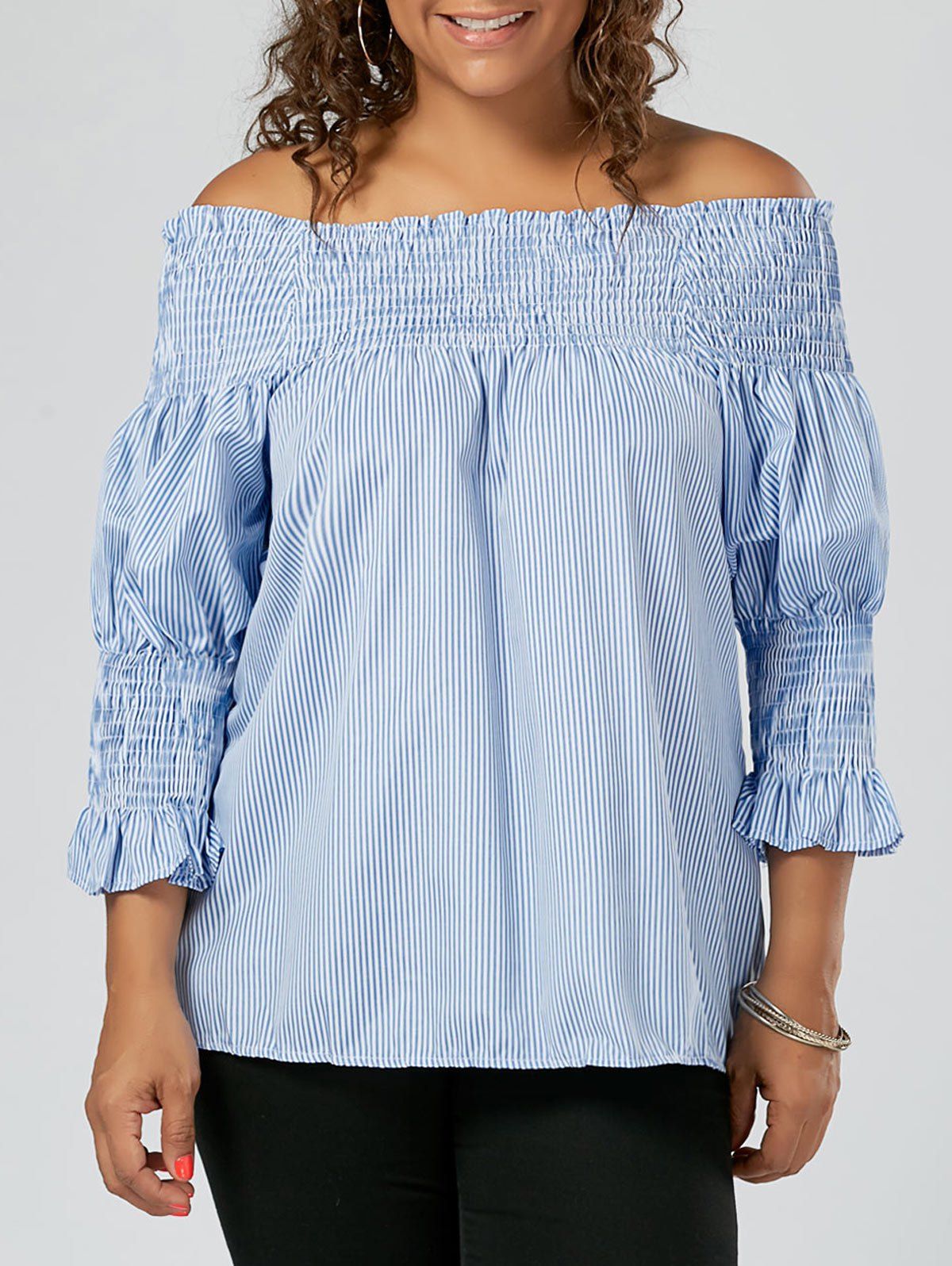 

Stripe Ruffled Off The Shoulder Plus Size Top, Blue