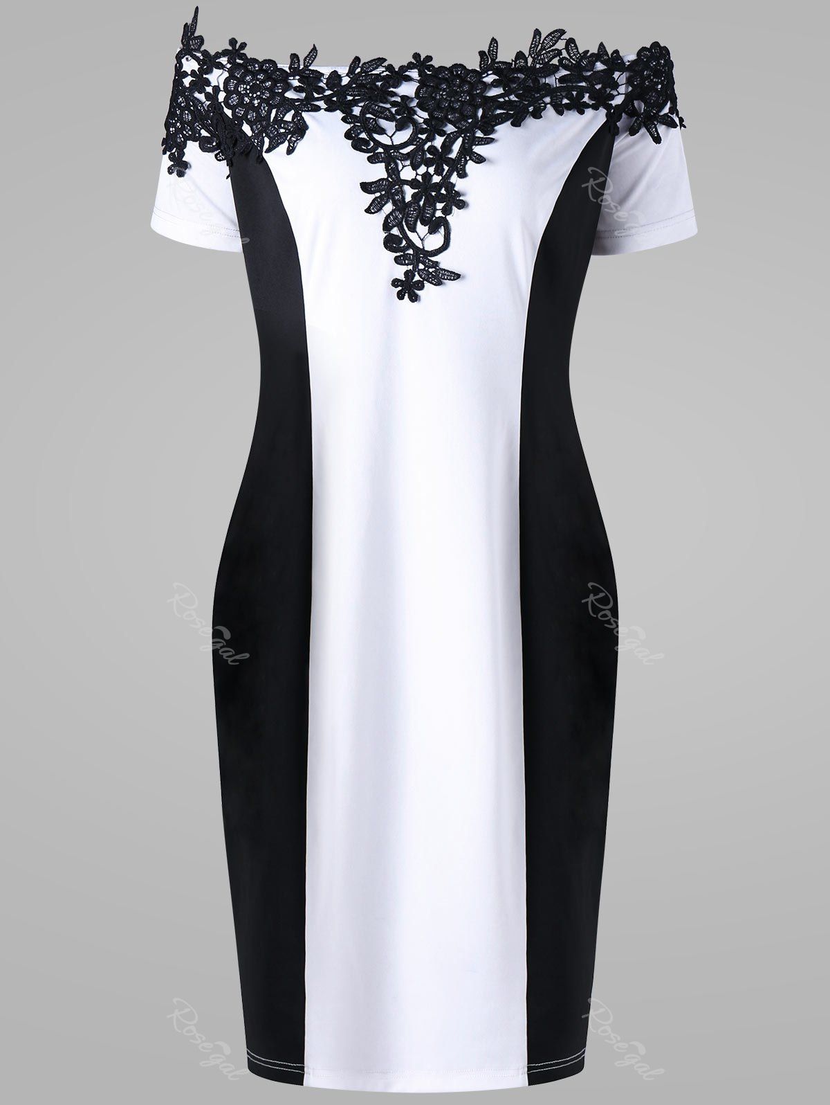

Appliqued Off The Shoulder Plus Size Pencil Dress, White and black