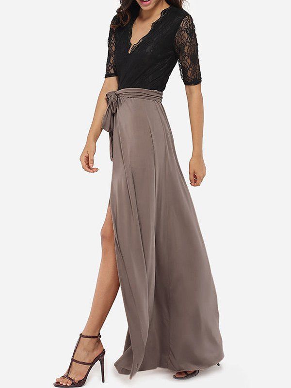 

High Slit Lace Insert Maxi Prom Dress, Black