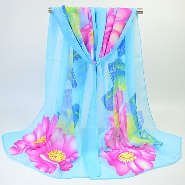 

Floral Printed Gossamer Vintage Shawl Scarf, Blue