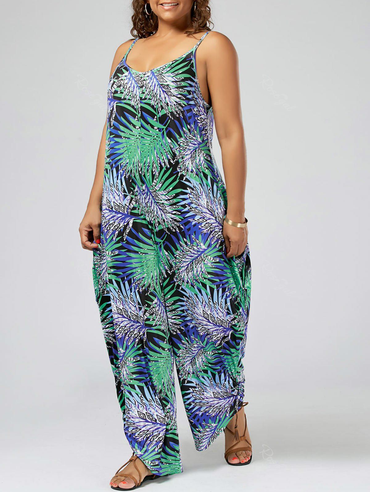 

Plus Size Tropical Printed Spaghetti Strap Baggy Jumpsuit, Green