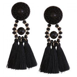 Boucles d'Oreilles Motif Cercle en Résine Perles et Pompons -  