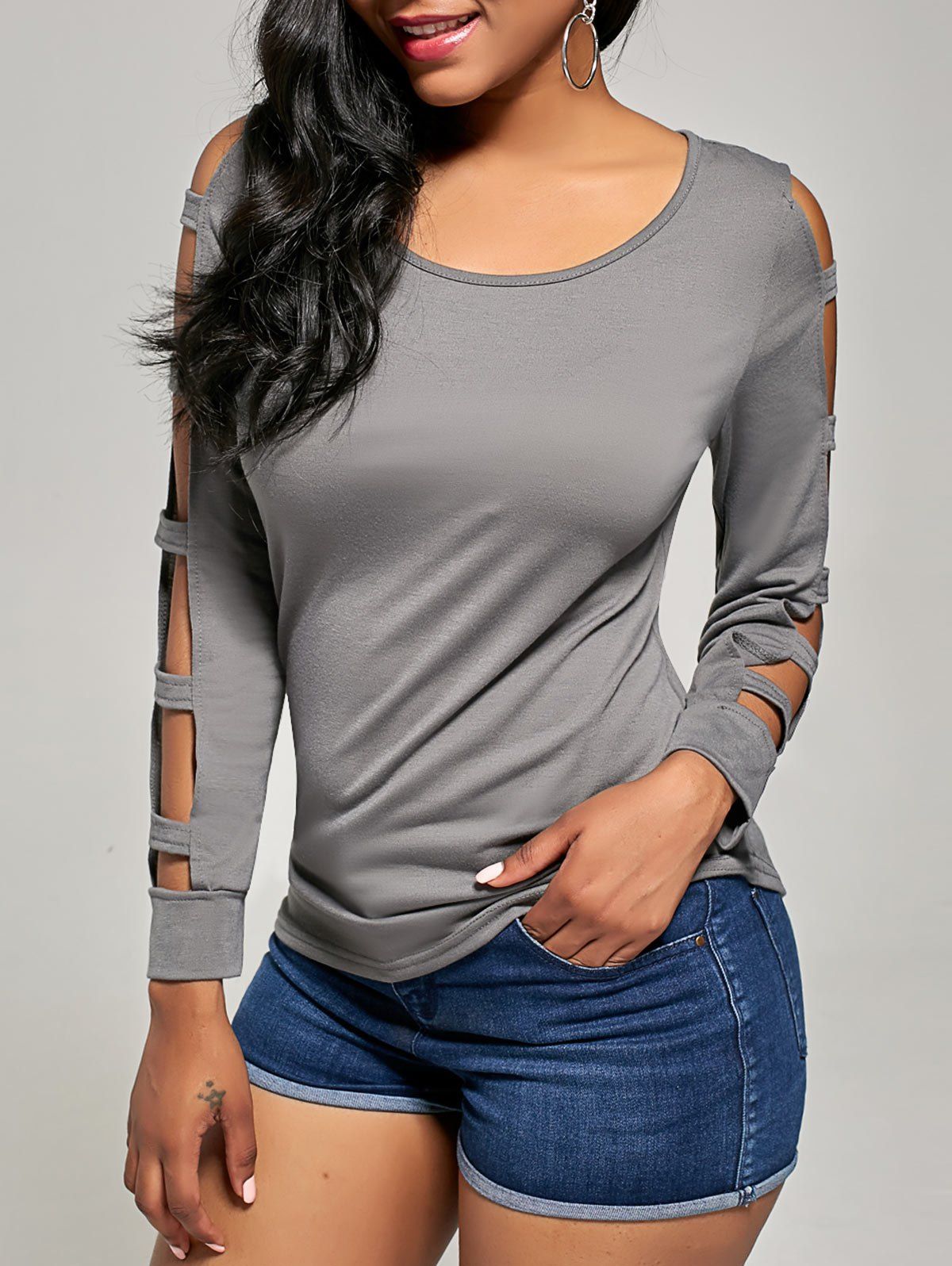 Latest Elegant Scoop Neck Solid Color Cut Out T-Shirt For Women  