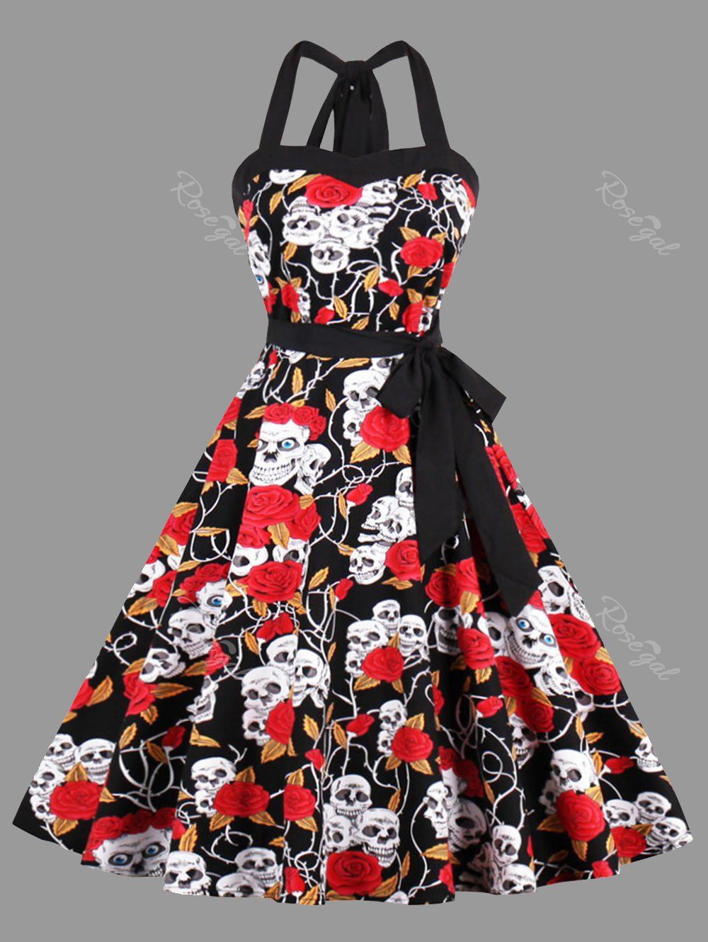 

Halter Floral Skull Print Plus Size Vintage Dress, Black