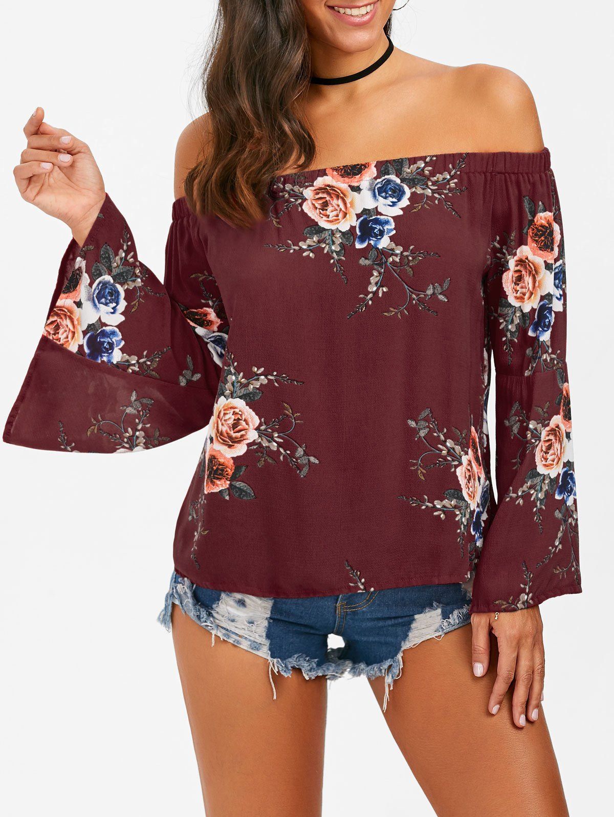 

Off The Shoulder Floral Flare Sleeve Blouse, Bordeaux