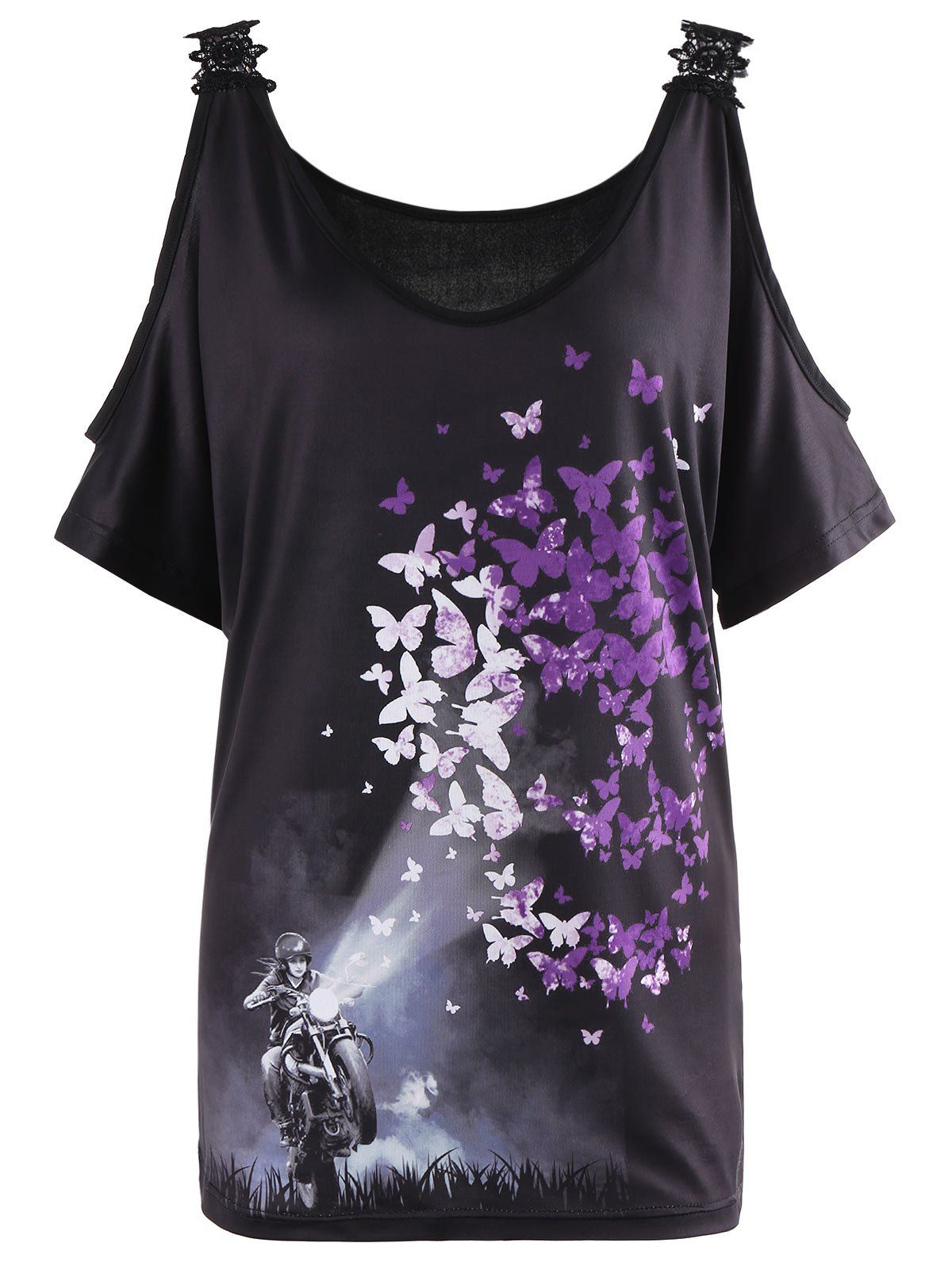 

Butterfly Print Lace Insert Cold Shoulder Blouse, Black