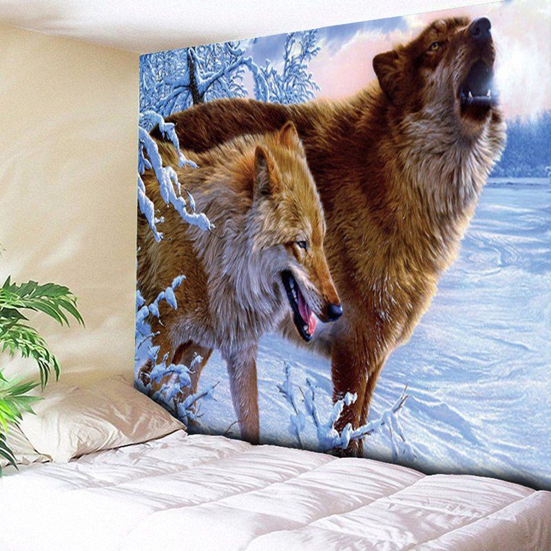 

Snowfield Wolves Wall Hanging Animal Tapestry, Brown