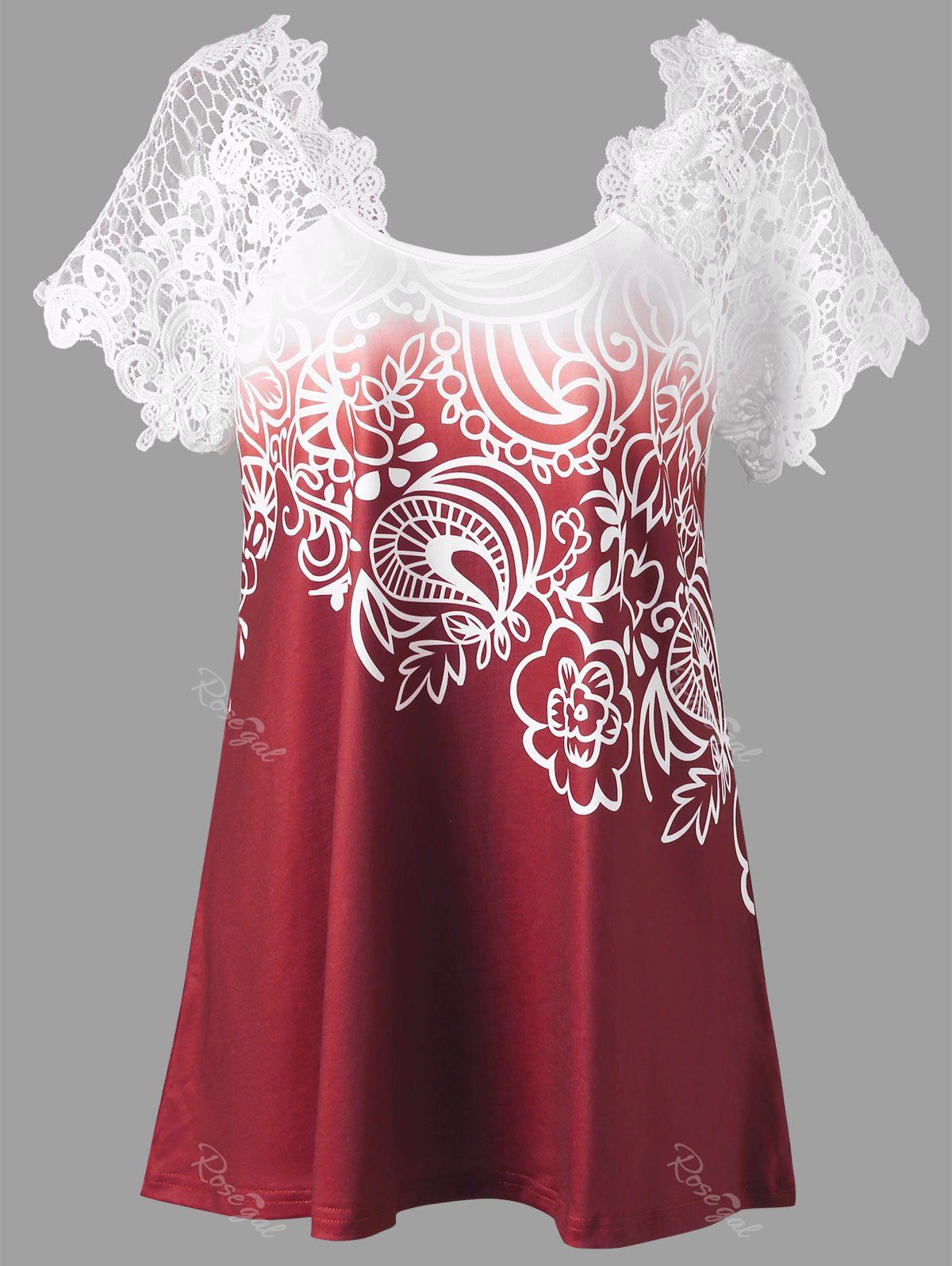 

Lace Panel Raglan Sleeve Floral Plus Size Top, Red