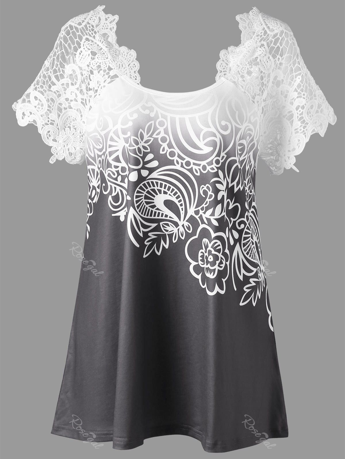 

Lace Panel Raglan Sleeve Floral Plus Size Top, Gray