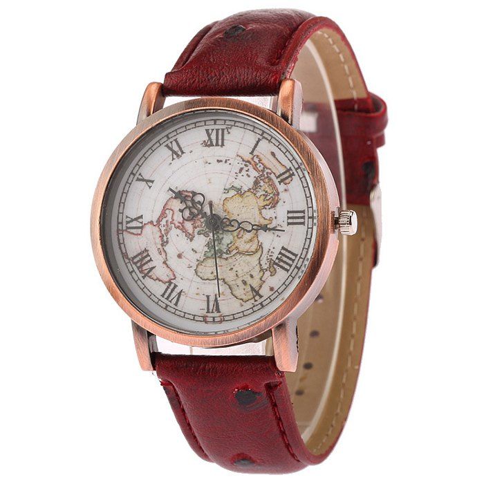 

Faux Leather Strap World Map Face Watch, Wine red