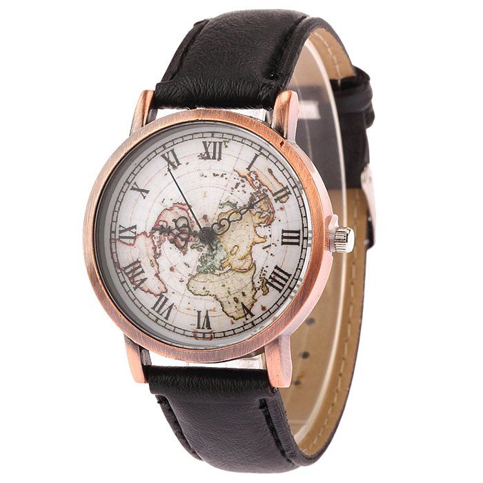 

Faux Leather Strap World Map Face Watch, Black