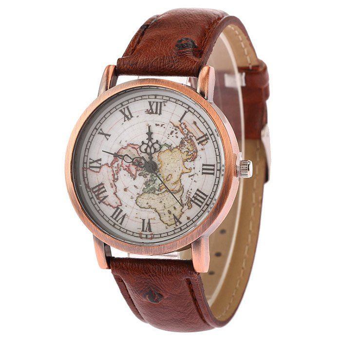 

Faux Leather Strap World Map Face Watch, Brown