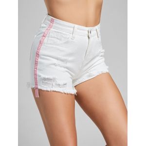 Velvet Panel Ripped Denim Shorts - WHITE M