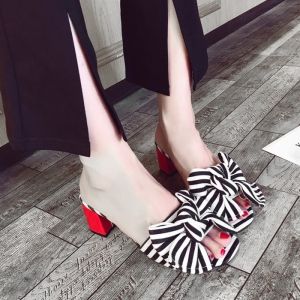 Bow Striped Mid Heel Slippers