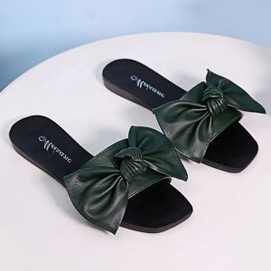 Bowknot Flat Heel Faux Leather Slippers