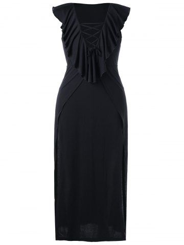 

Plus Size Flounce Lace Up Maxi High Slit Dress, Black
